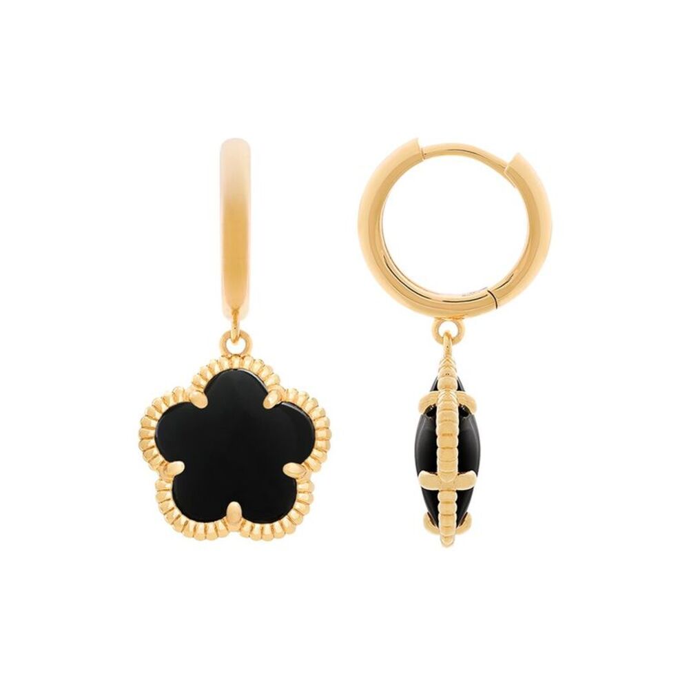 Jankuo Flower 14K Plated Onyx Cushion Huggies Earrings, Black